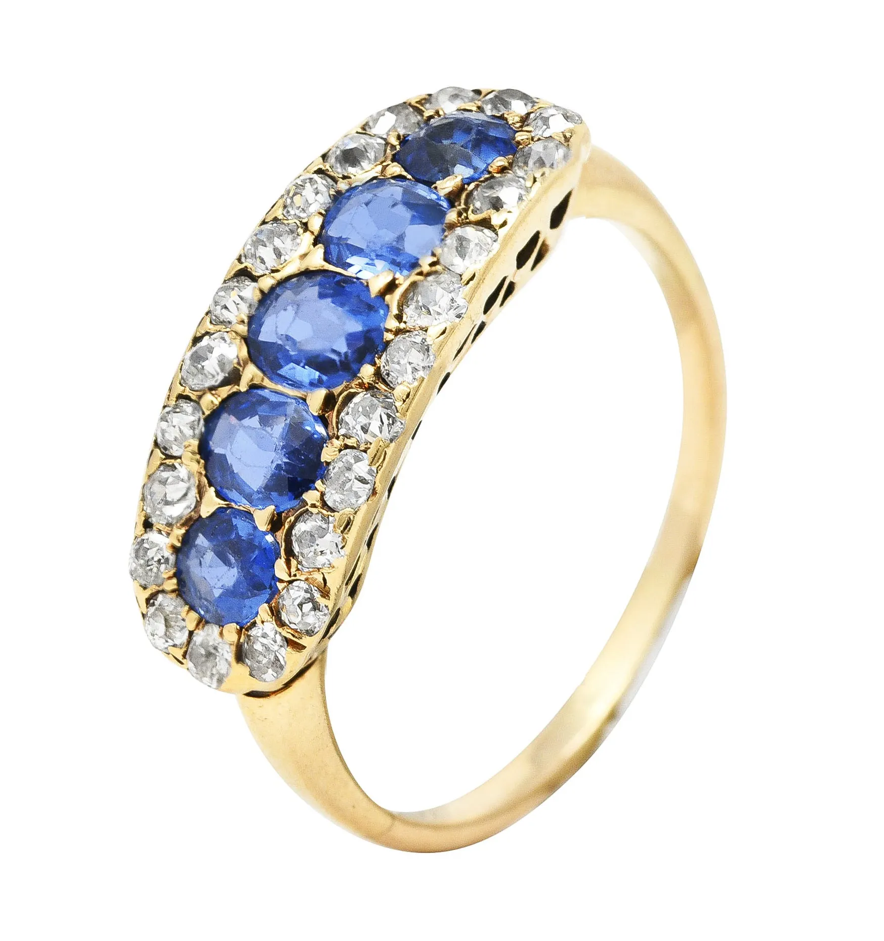 Victorian 1.82 CTW Sapphire Old European Cut Diamond 14 Karat Yellow Gold Antique Five Stone Halo Ring