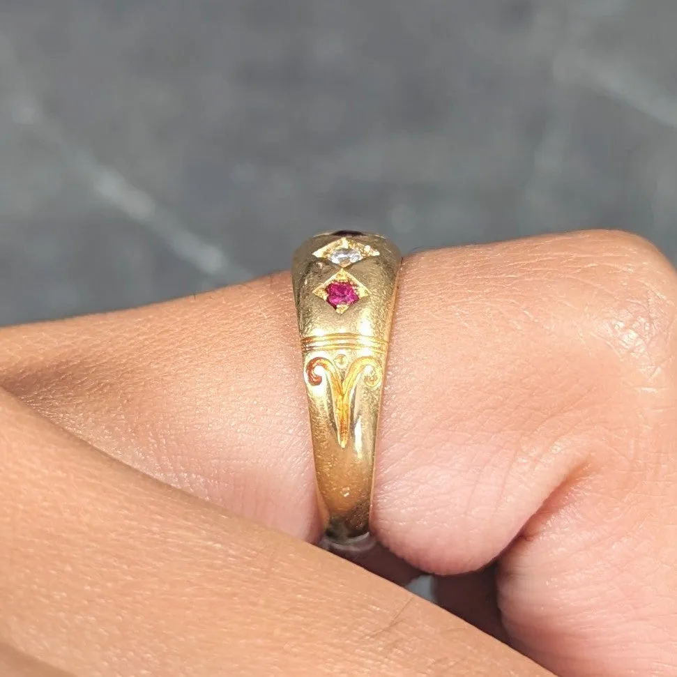 Victorian 1898 Ruby Diamond 18 Karat Yellow Gold Five Stone Antique Band Ring