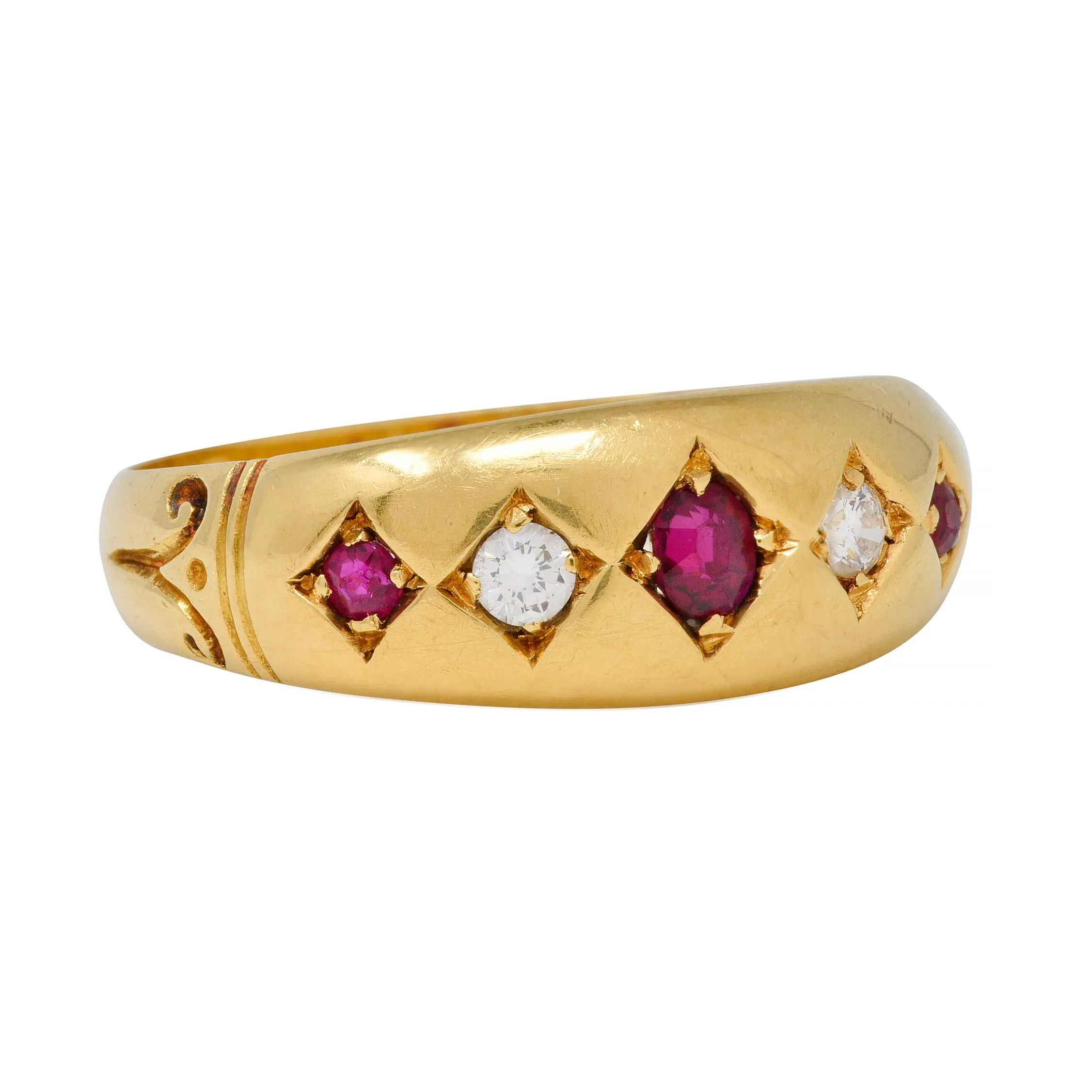 Victorian 1898 Ruby Diamond 18 Karat Yellow Gold Five Stone Antique Band Ring