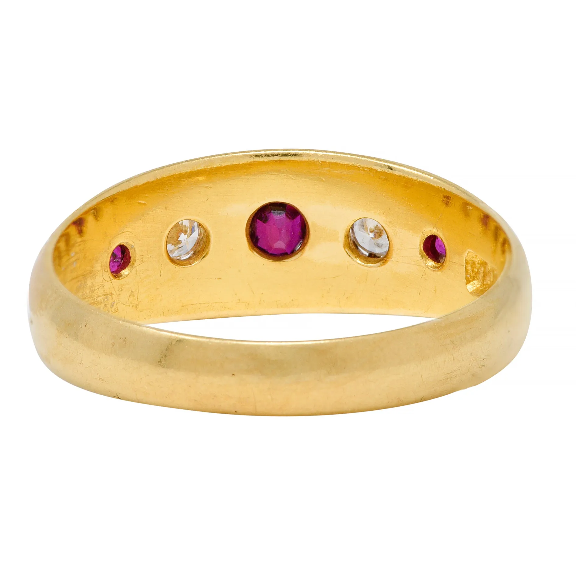 Victorian 1898 Ruby Diamond 18 Karat Yellow Gold Five Stone Antique Band Ring