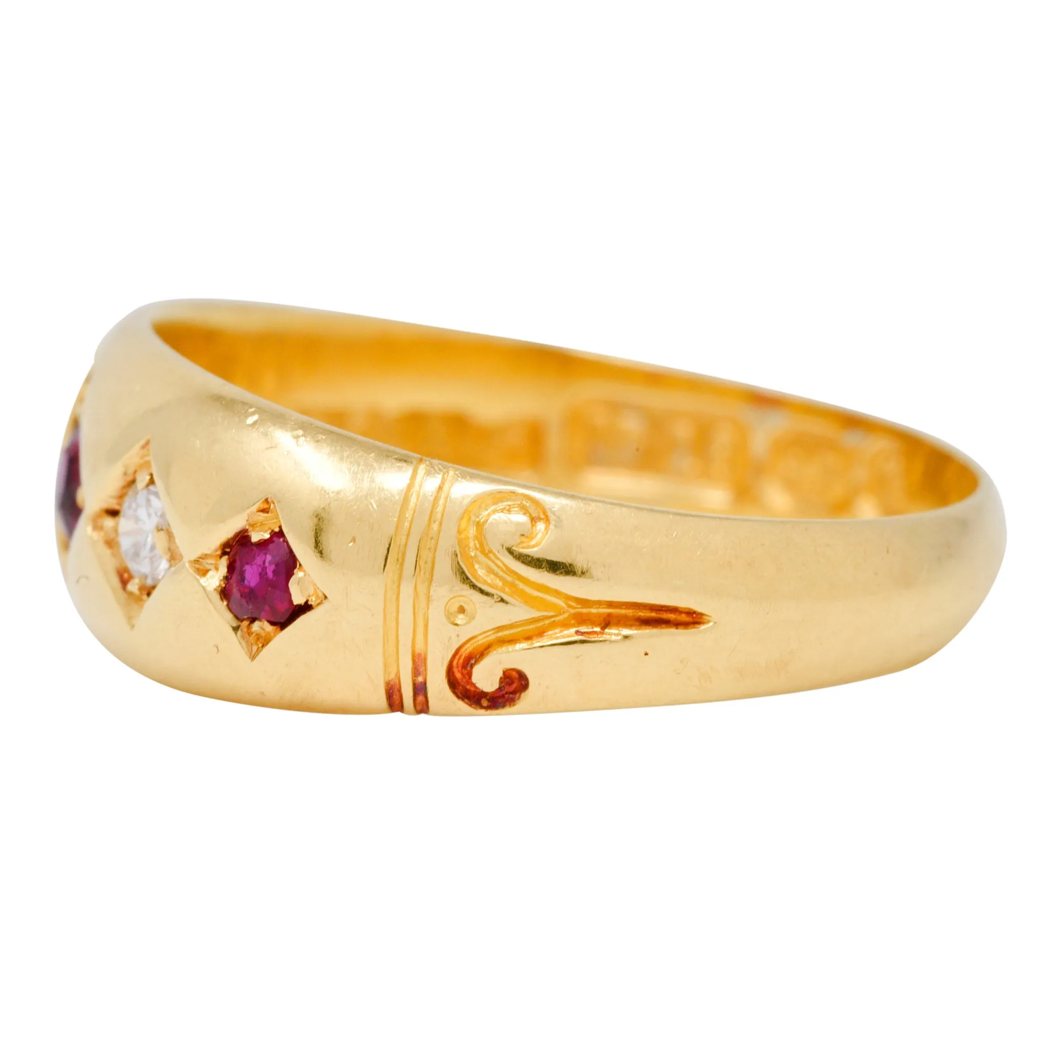 Victorian 1898 Ruby Diamond 18 Karat Yellow Gold Five Stone Antique Band Ring