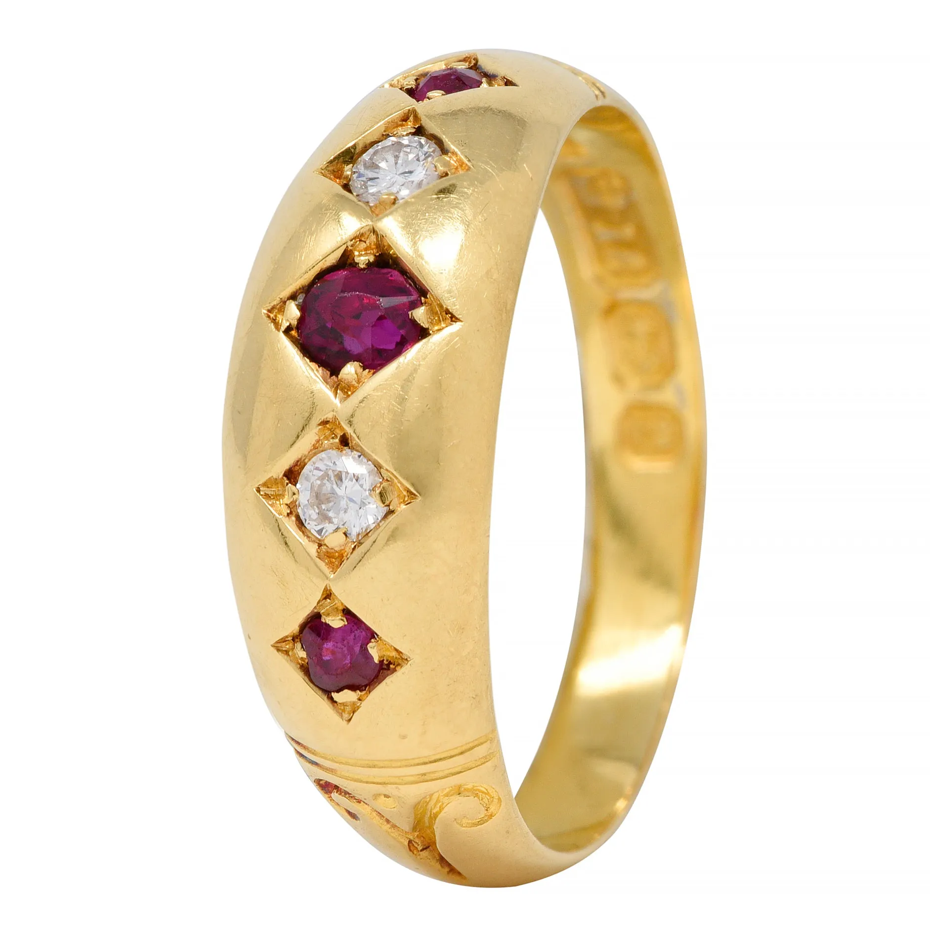 Victorian 1898 Ruby Diamond 18 Karat Yellow Gold Five Stone Antique Band Ring