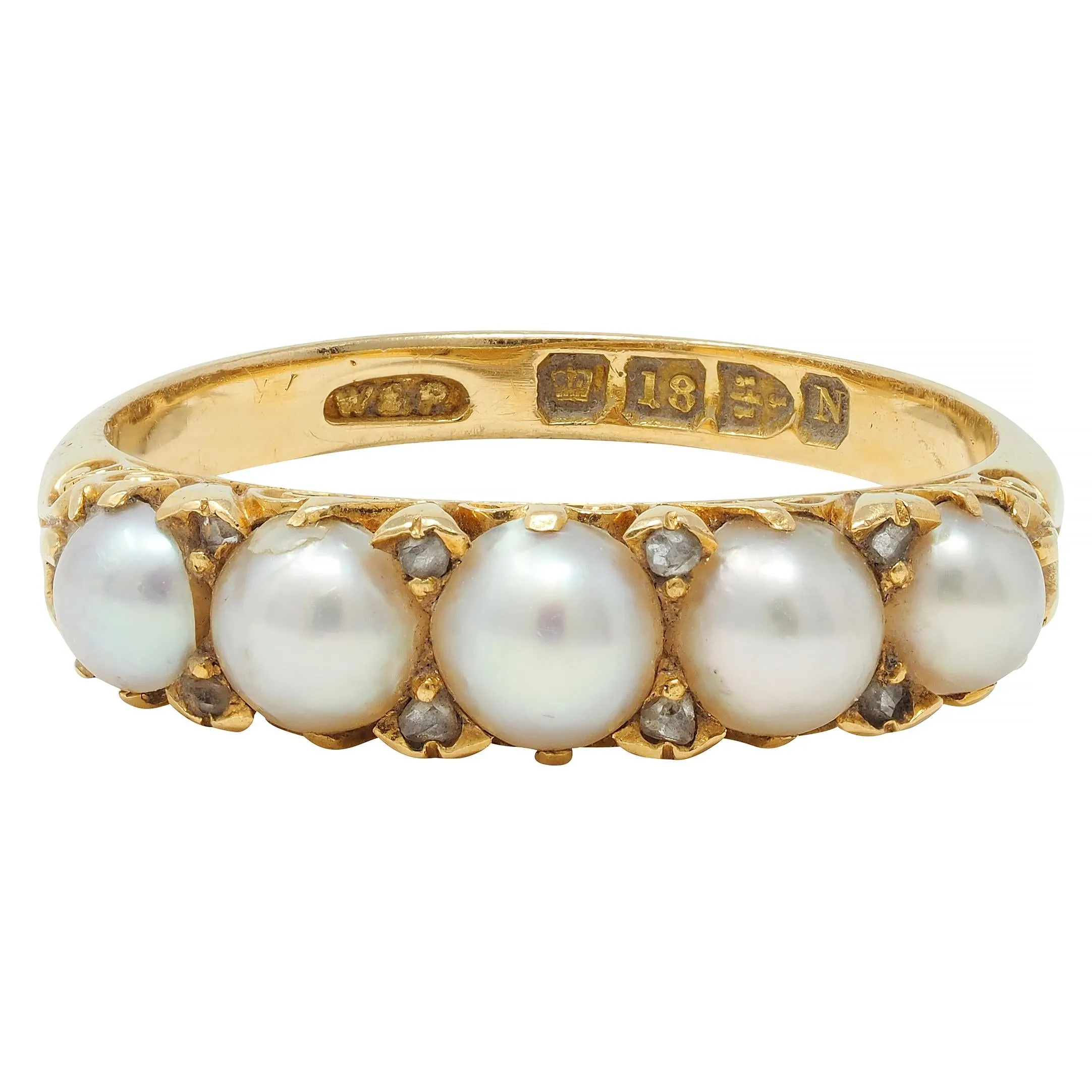 Victorian Pearl Diamond 18 Karat Yellow Gold Scrolling Five Stone Antique Band Ring