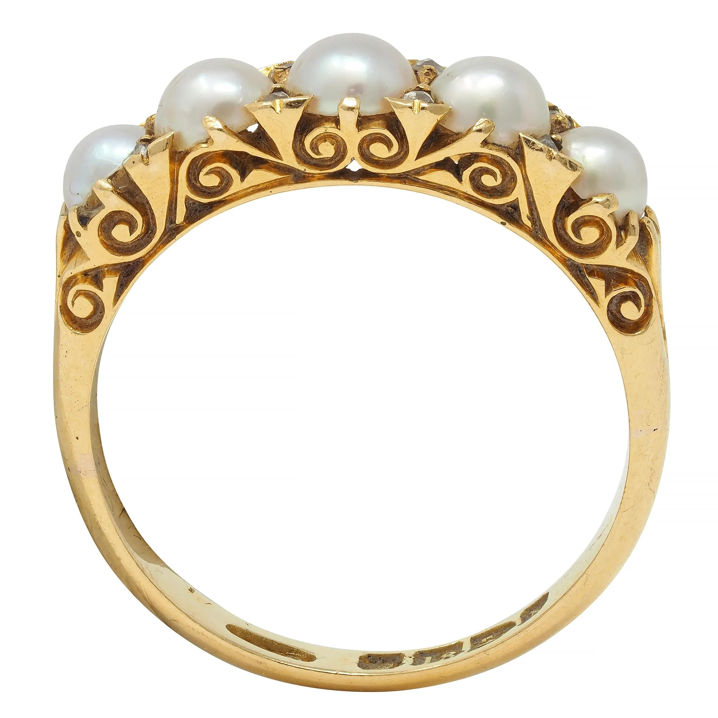 Victorian Pearl Diamond 18 Karat Yellow Gold Scrolling Five Stone Antique Band Ring