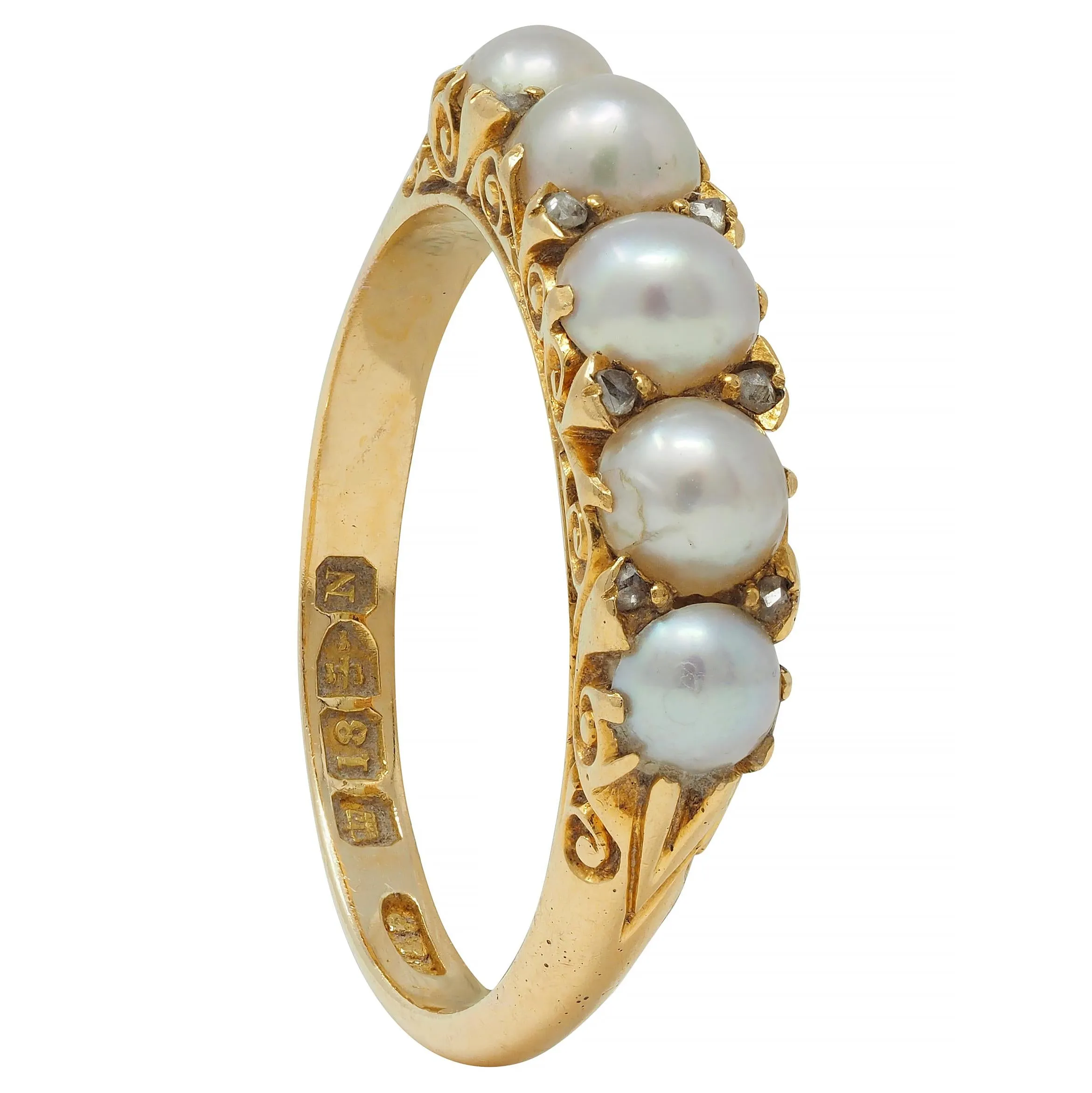 Victorian Pearl Diamond 18 Karat Yellow Gold Scrolling Five Stone Antique Band Ring