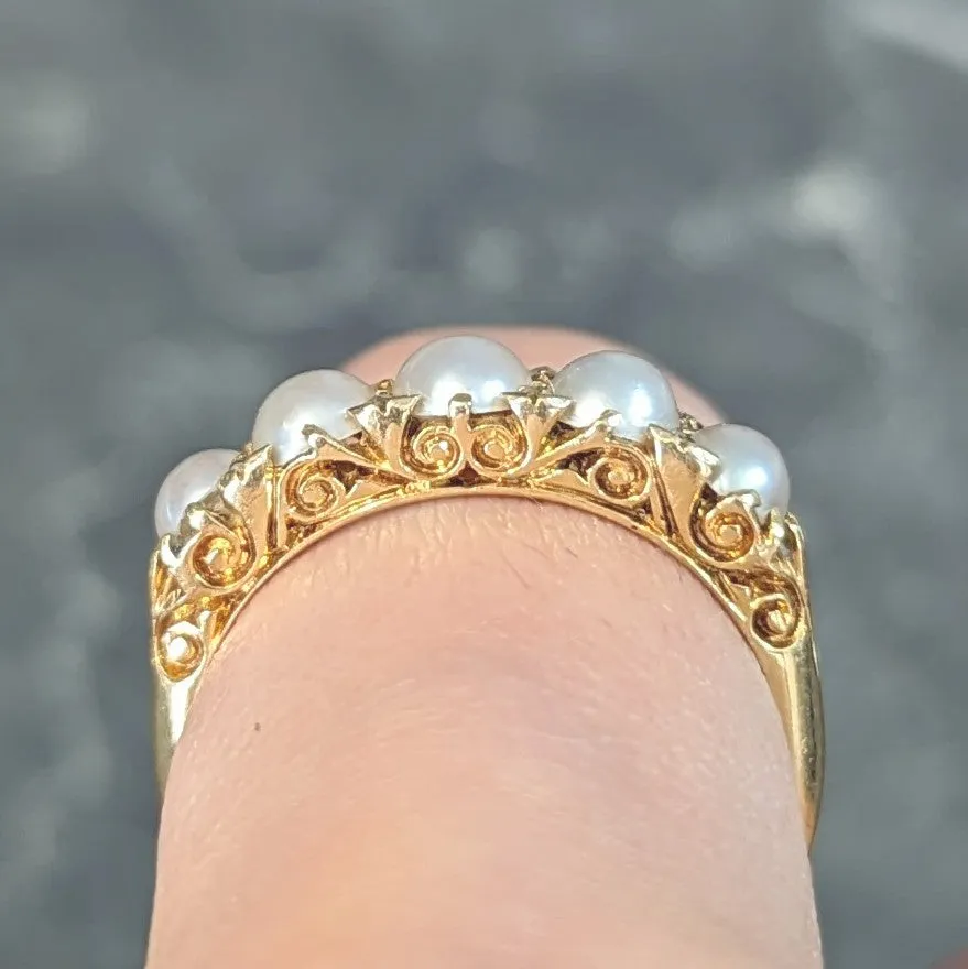 Victorian Pearl Diamond 18 Karat Yellow Gold Scrolling Five Stone Antique Band Ring