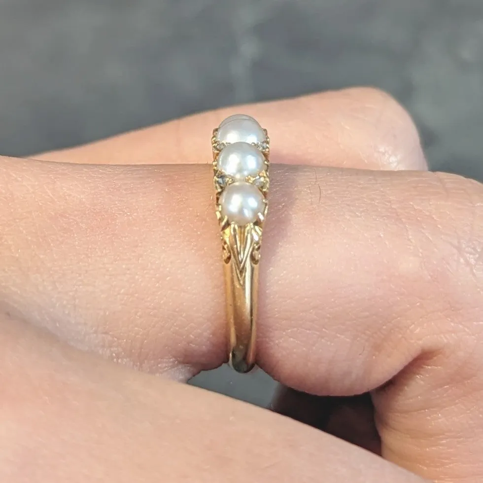 Victorian Pearl Diamond 18 Karat Yellow Gold Scrolling Five Stone Antique Band Ring