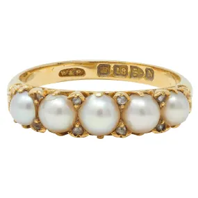 Victorian Pearl Diamond 18 Karat Yellow Gold Scrolling Five Stone Antique Band Ring