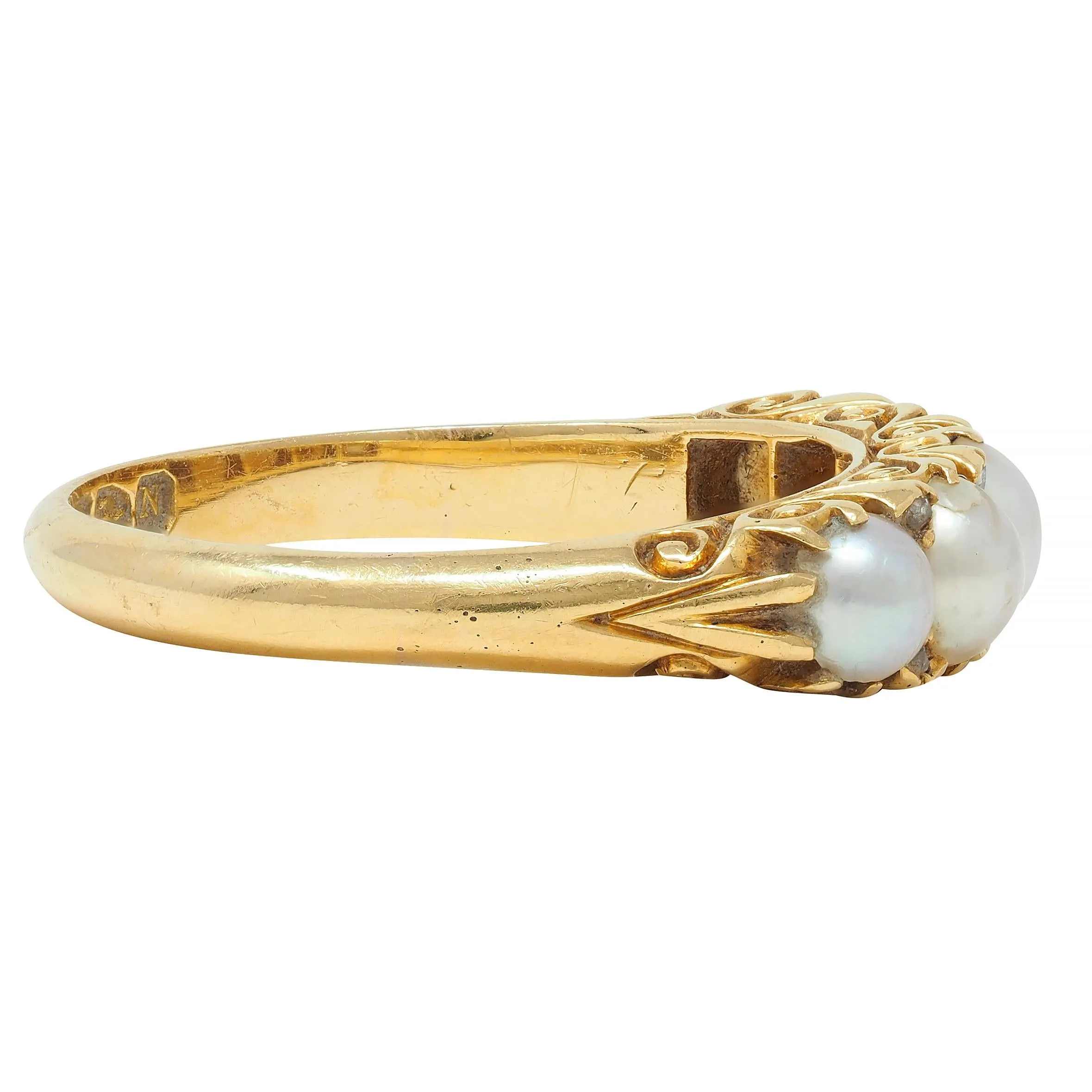 Victorian Pearl Diamond 18 Karat Yellow Gold Scrolling Five Stone Antique Band Ring