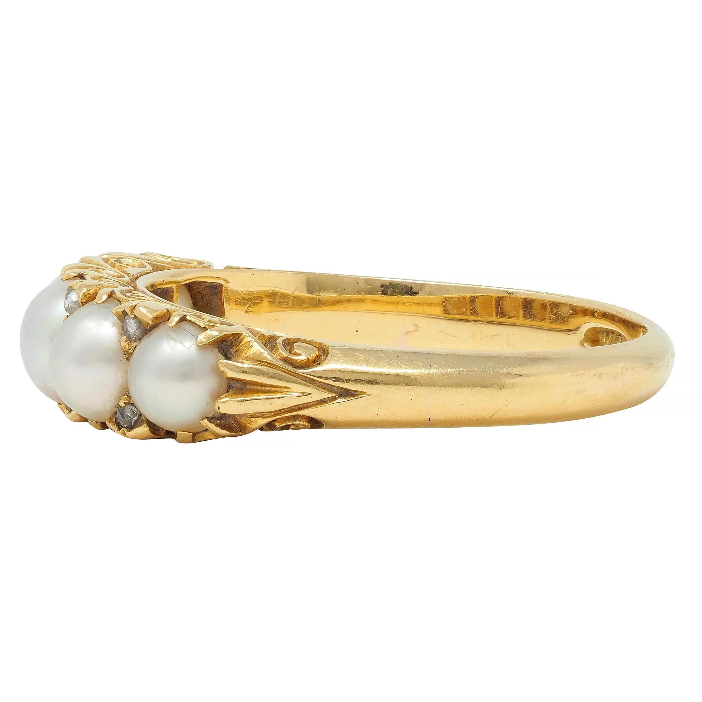 Victorian Pearl Diamond 18 Karat Yellow Gold Scrolling Five Stone Antique Band Ring