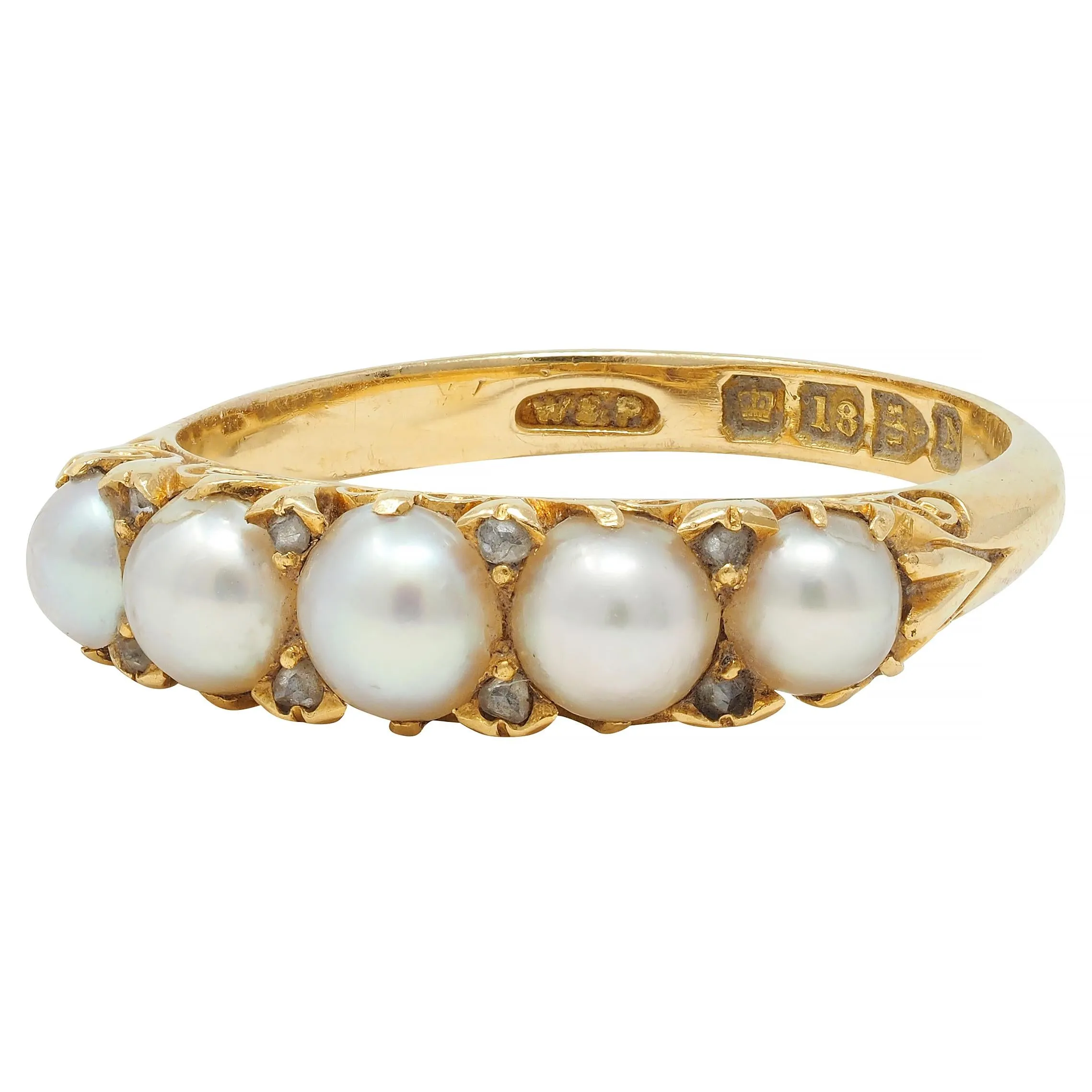 Victorian Pearl Diamond 18 Karat Yellow Gold Scrolling Five Stone Antique Band Ring