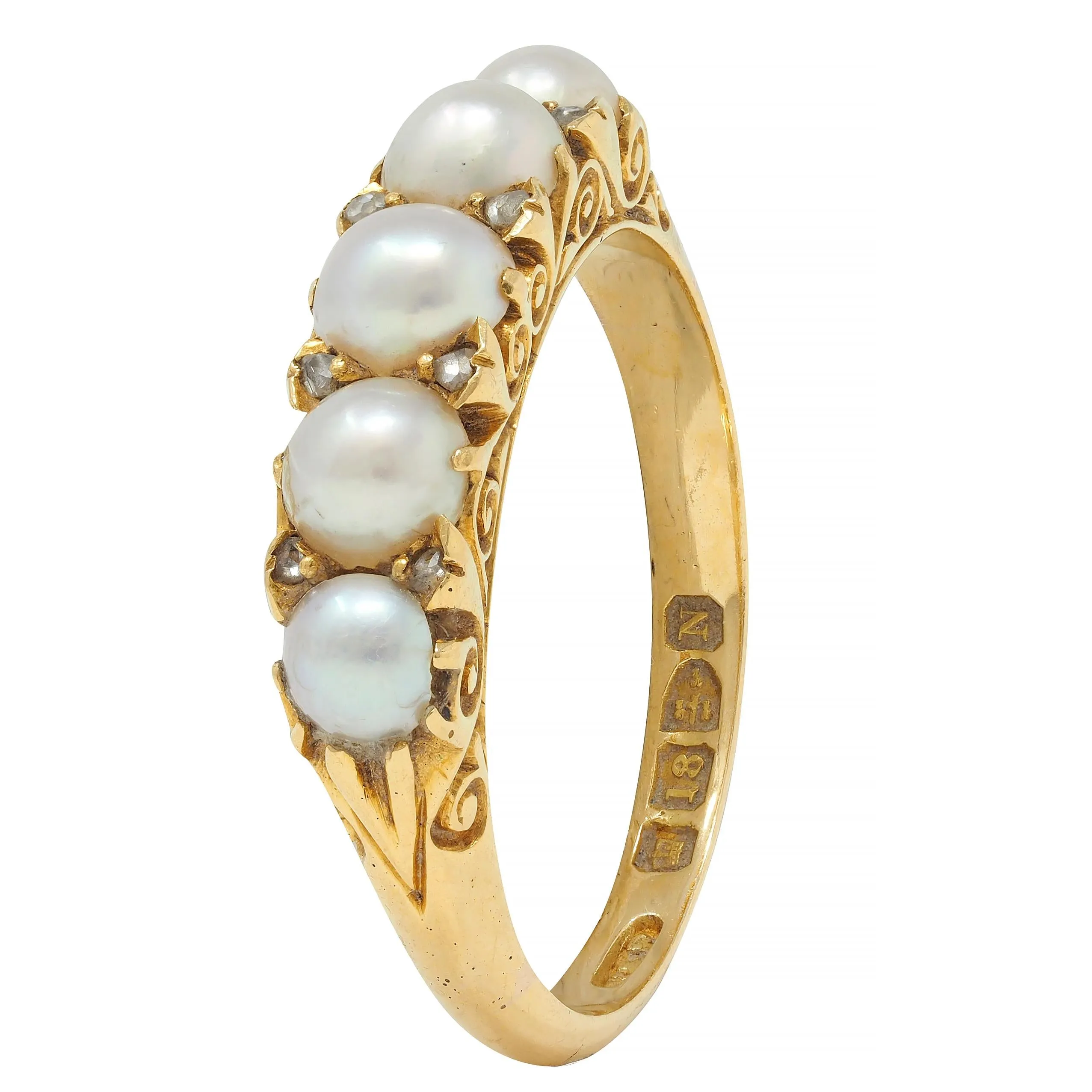 Victorian Pearl Diamond 18 Karat Yellow Gold Scrolling Five Stone Antique Band Ring