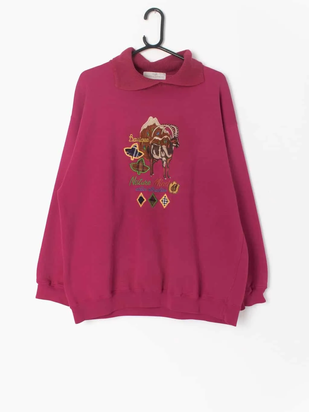 Vintage pink collared sweatshirt with cute embroidered mountain goat design by St Michael – Large