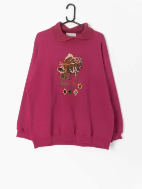 Vintage pink collared sweatshirt with cute embroidered mountain goat design by St Michael – Large