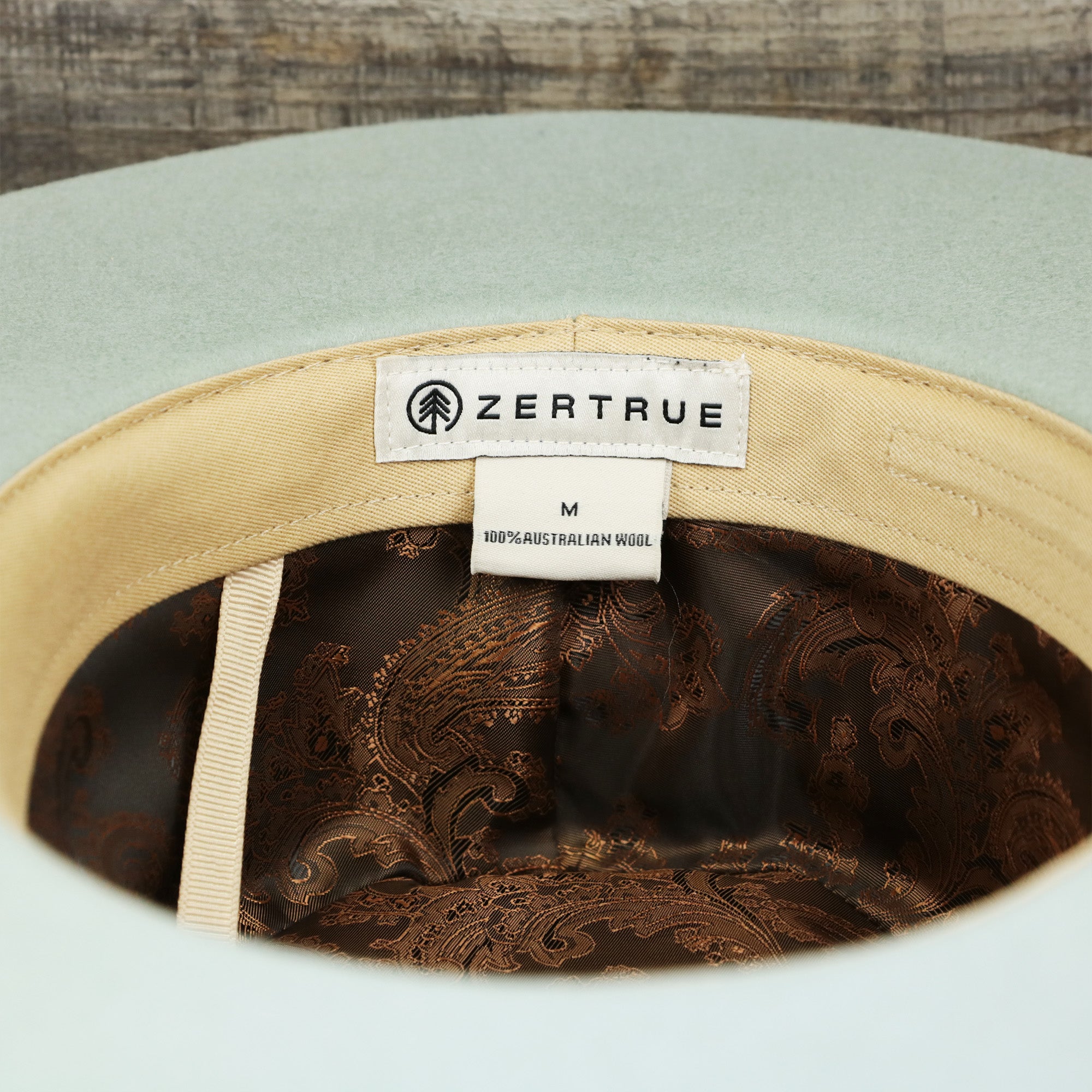 Wide Brim Raw Edge Sage Green Fedora Hat with Brown Paisley Silk Interior | Zertrue 100% Australian Wool