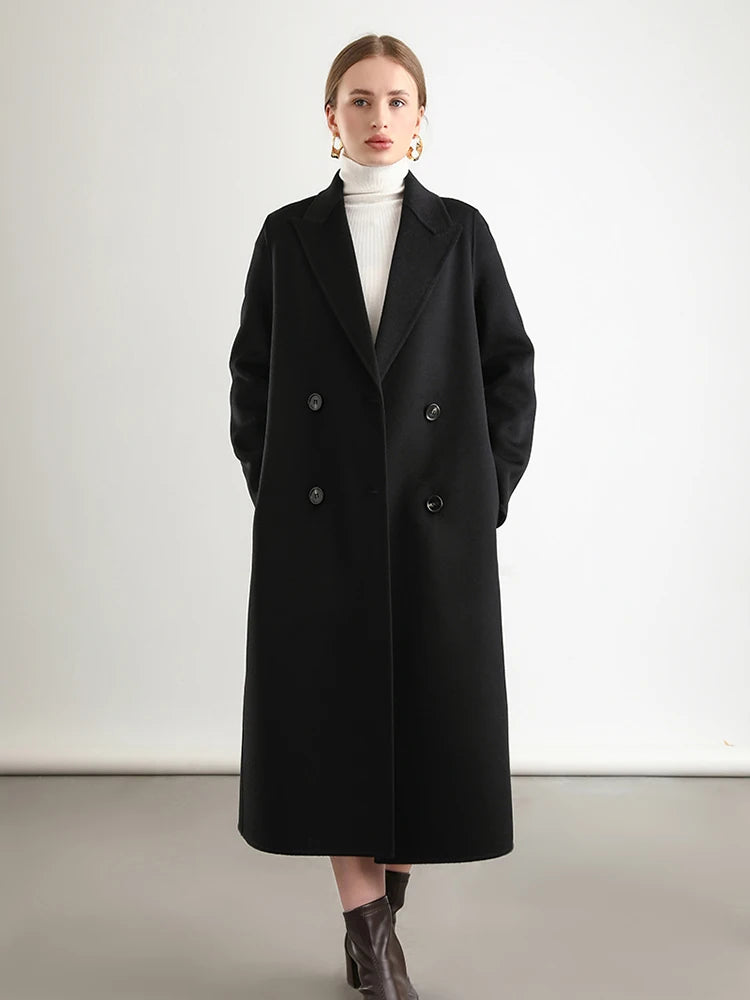 Women 100% Wool Overcoat Belt Double-Breasted Autumn Winter Long Jacket Trench Coat