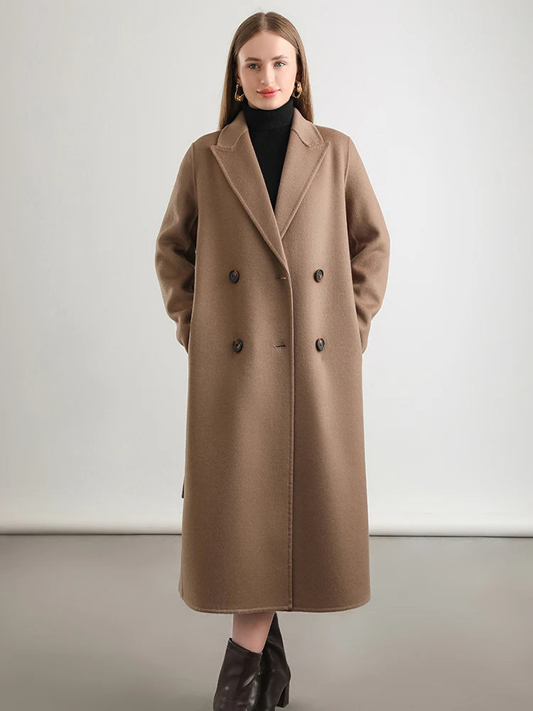 Women 100% Wool Overcoat Belt Double-Breasted Autumn Winter Long Jacket Trench Coat