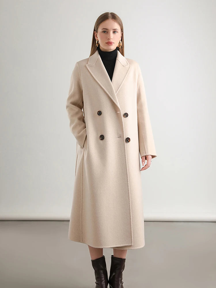 Women 100% Wool Overcoat Belt Double-Breasted Autumn Winter Long Jacket Trench Coat