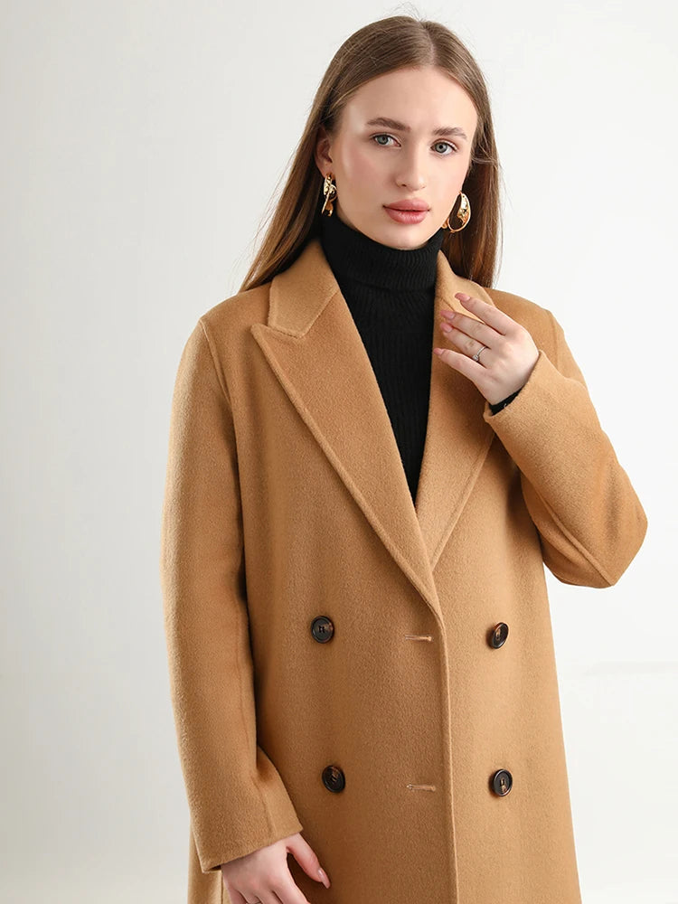 Women 100% Wool Overcoat Belt Double-Breasted Autumn Winter Long Jacket Trench Coat