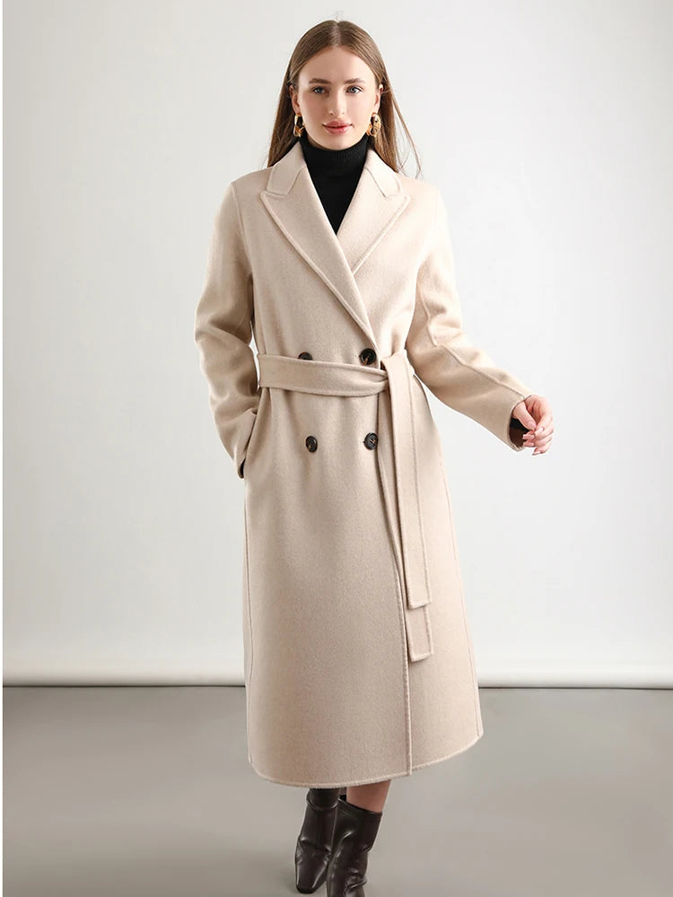 Women 100% Wool Overcoat Belt Double-Breasted Autumn Winter Long Jacket Trench Coat