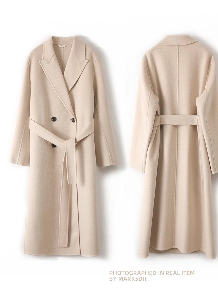 Women 100% Wool Overcoat Belt Double-Breasted Autumn Winter Long Jacket Trench Coat