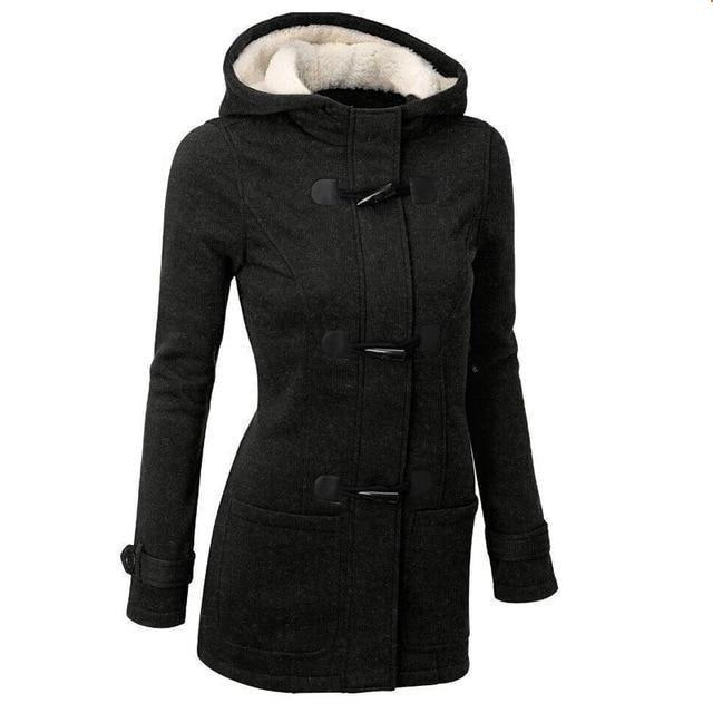 Women's Casual Spring Autumn Hooded Overcoat with Zipper Horn Button