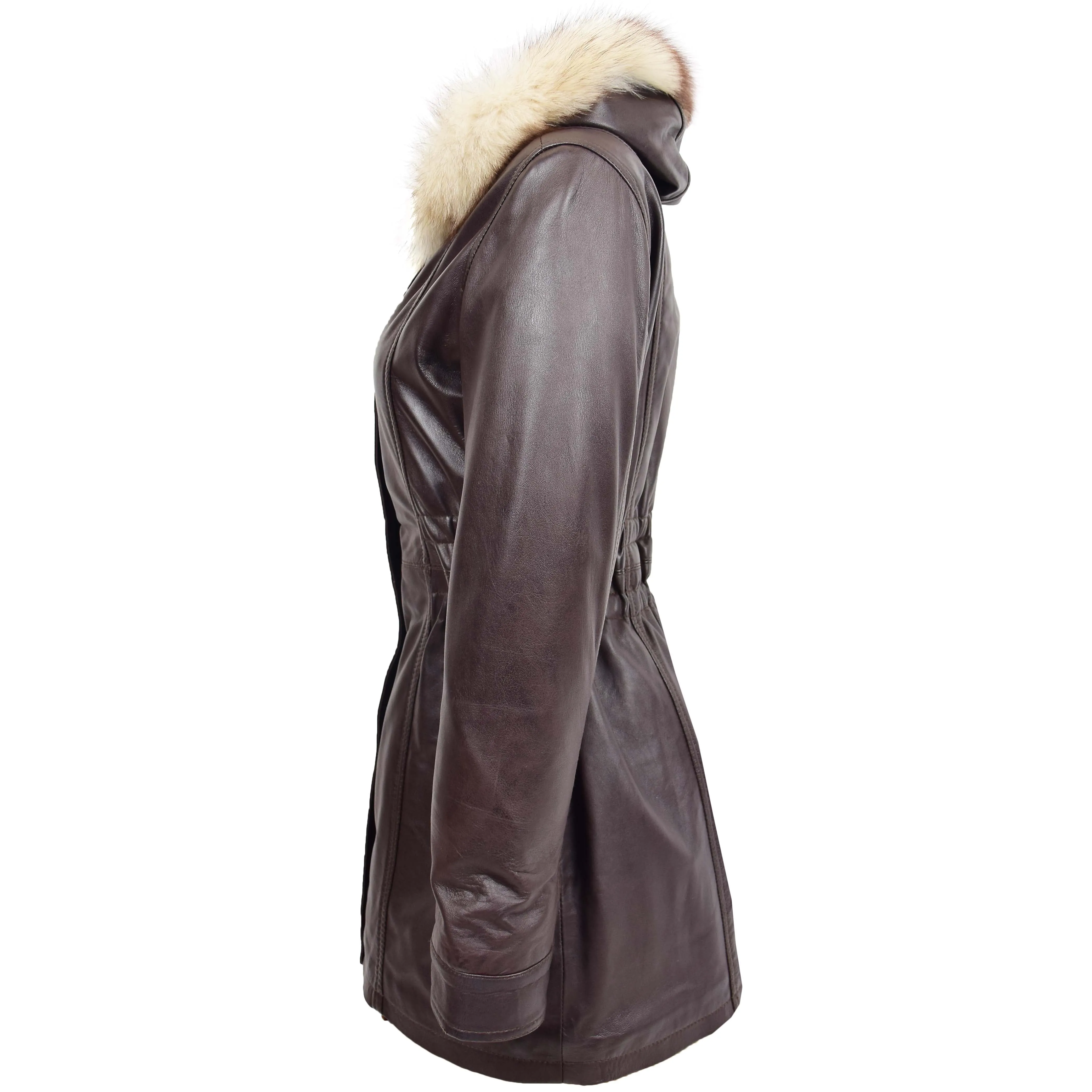 Womens Detachable Hoodie Leather Coat Kathy Brown