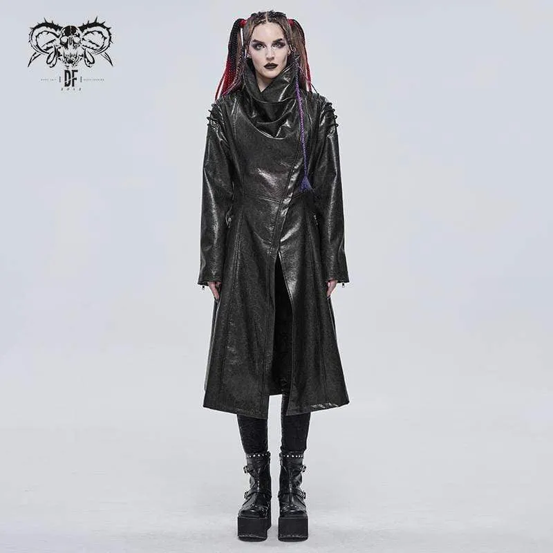 Women's Gothic Stand Collar Zipper Faux Leather Long Coat Black