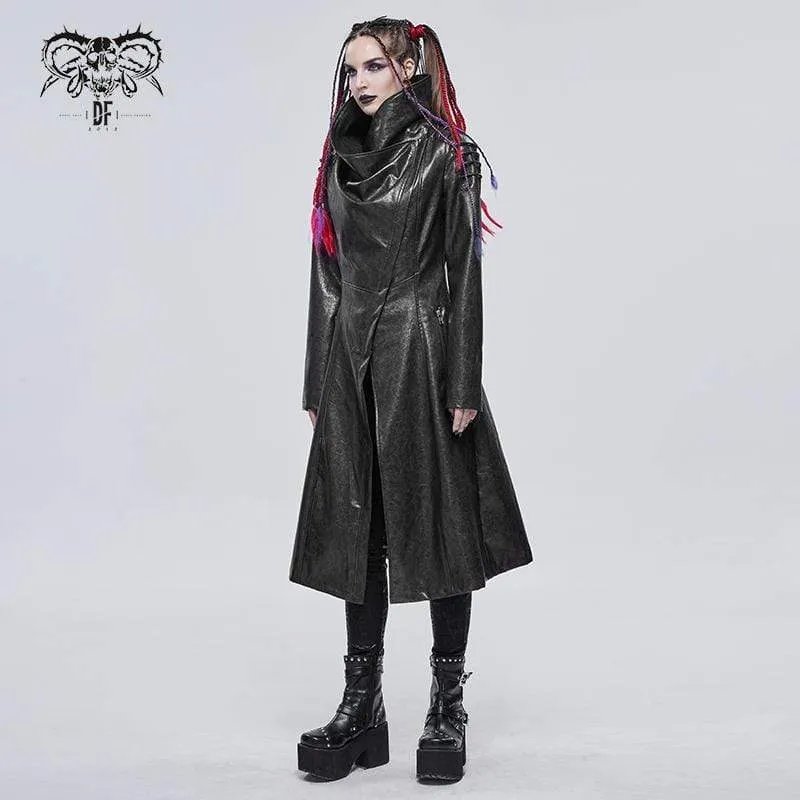 Women's Gothic Stand Collar Zipper Faux Leather Long Coat Black