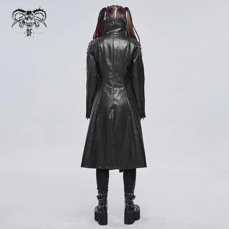 Women's Gothic Stand Collar Zipper Faux Leather Long Coat Black