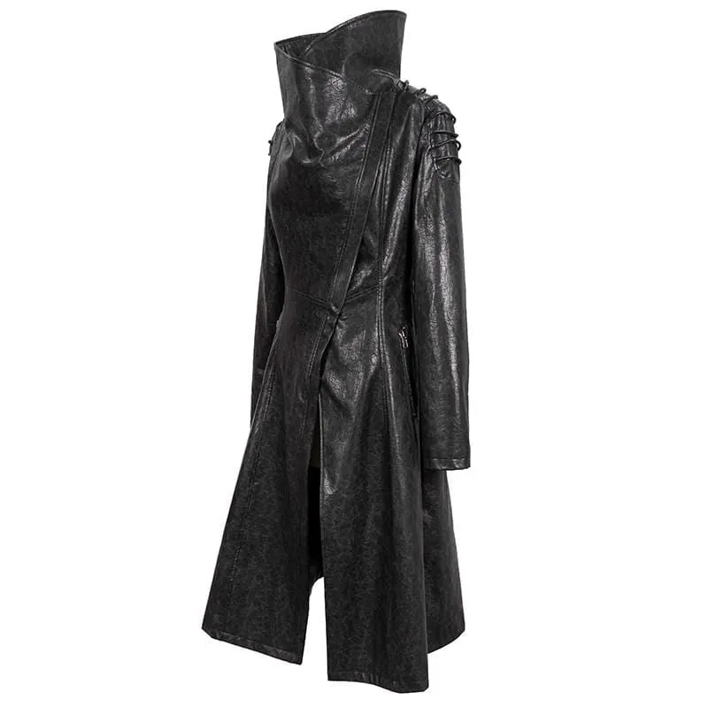 Women's Gothic Stand Collar Zipper Faux Leather Long Coat Black