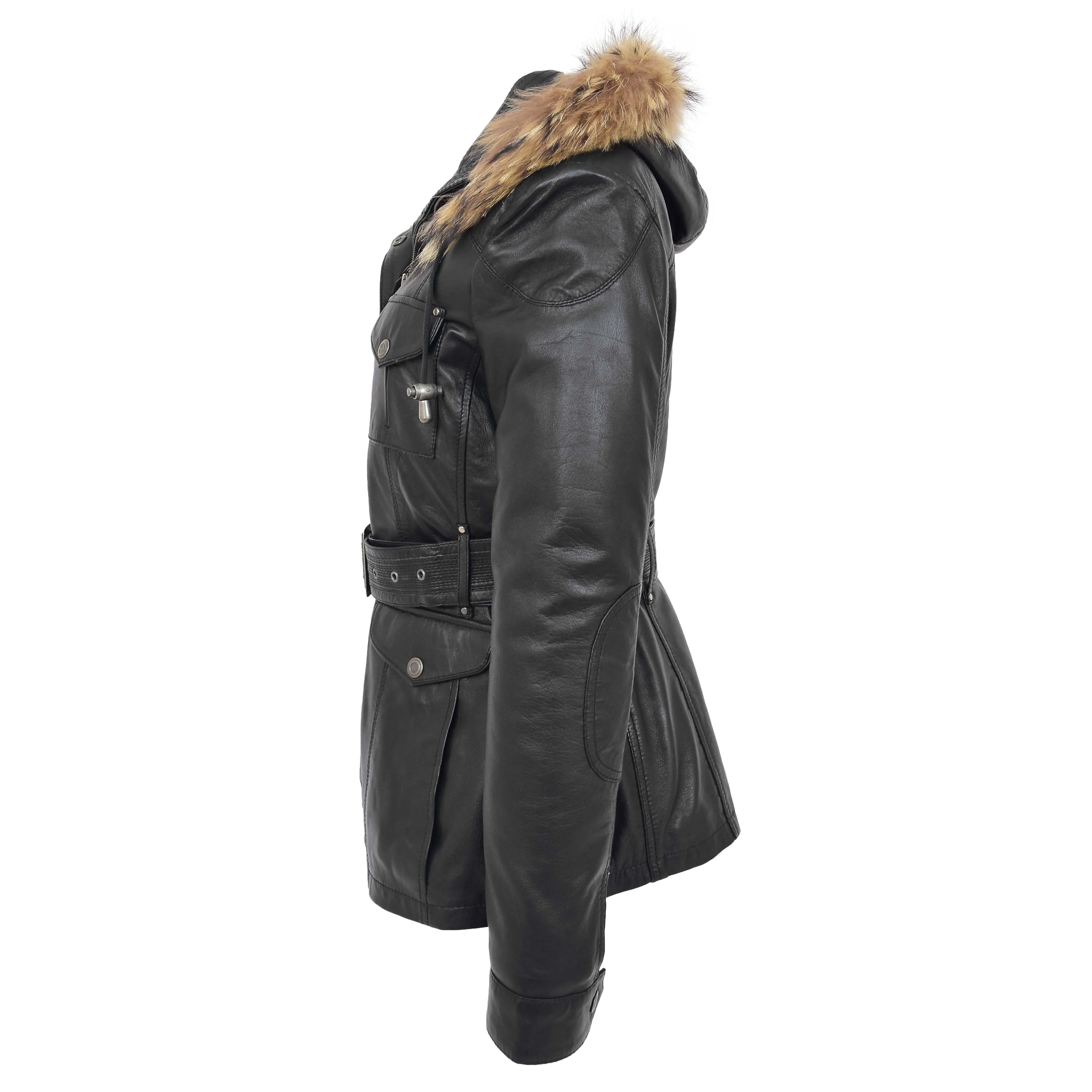 Womens Leather Coat with Detachable Hoodie Daisy Black