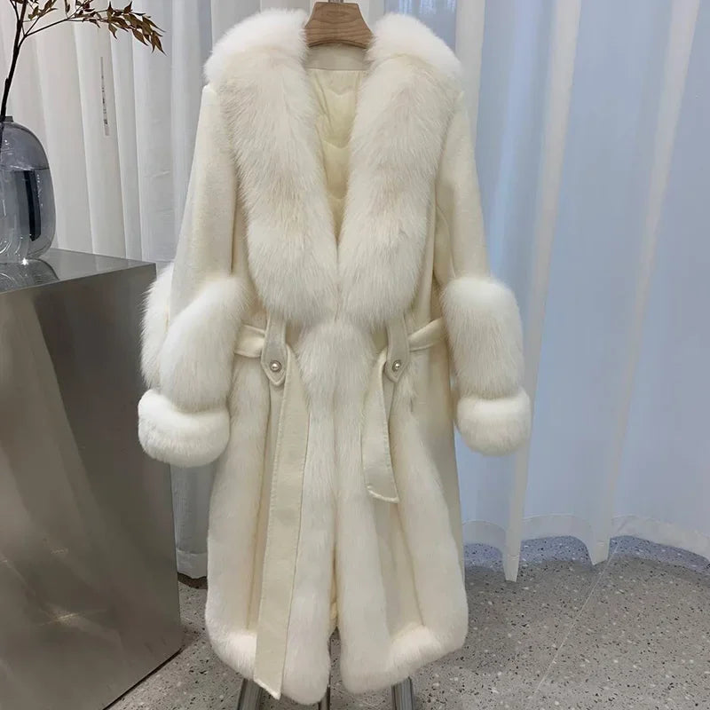 Women's Winter Warm Real Wool Goose Down Fur Long Overcoat