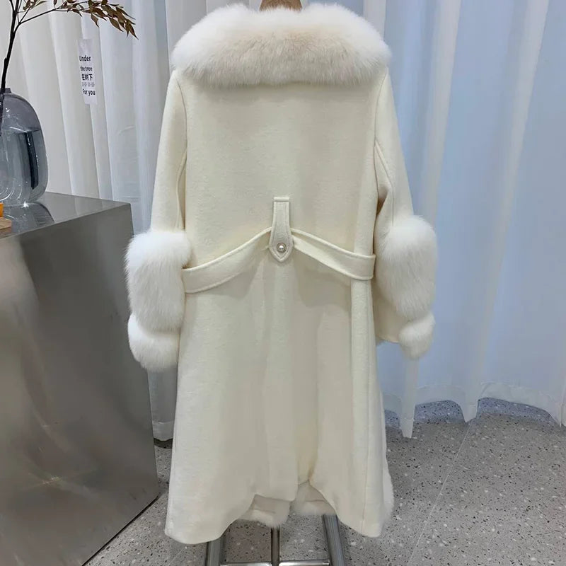 Women's Winter Warm Real Wool Goose Down Fur Long Overcoat