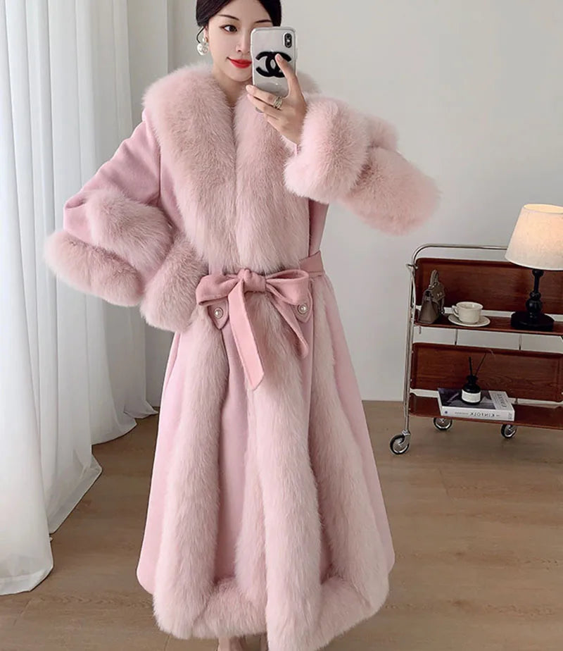 Women's Winter Warm Real Wool Goose Down Fur Long Overcoat