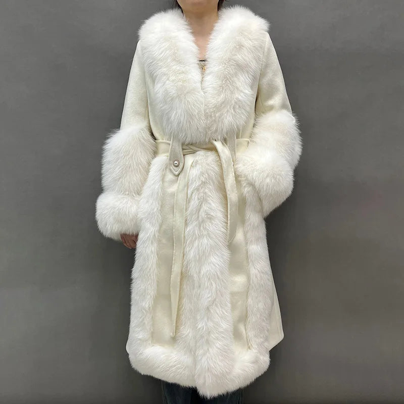 Women's Winter Warm Real Wool Goose Down Fur Long Overcoat