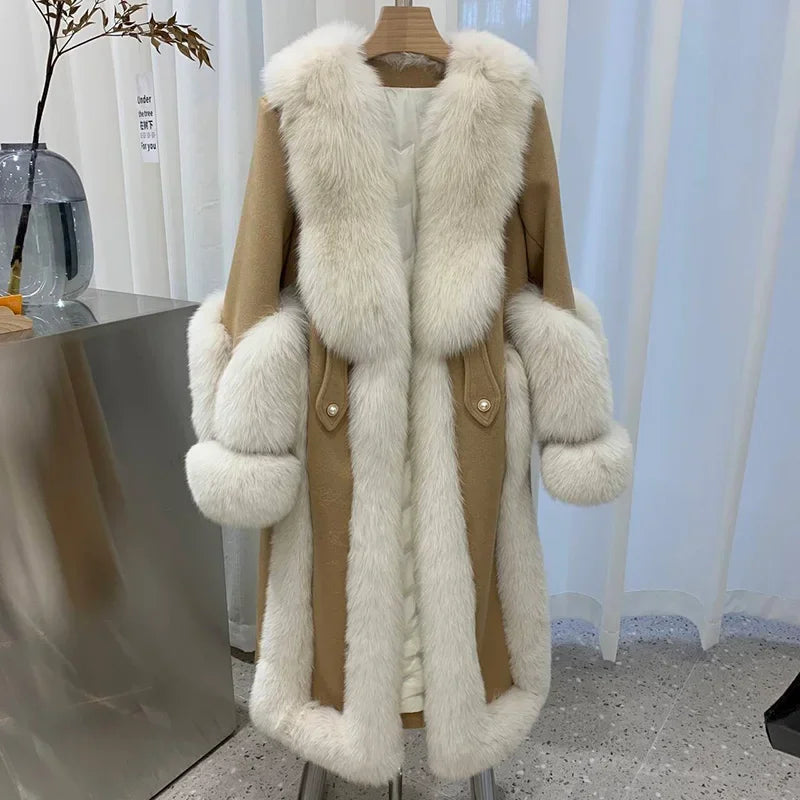 Women's Winter Warm Real Wool Goose Down Fur Long Overcoat