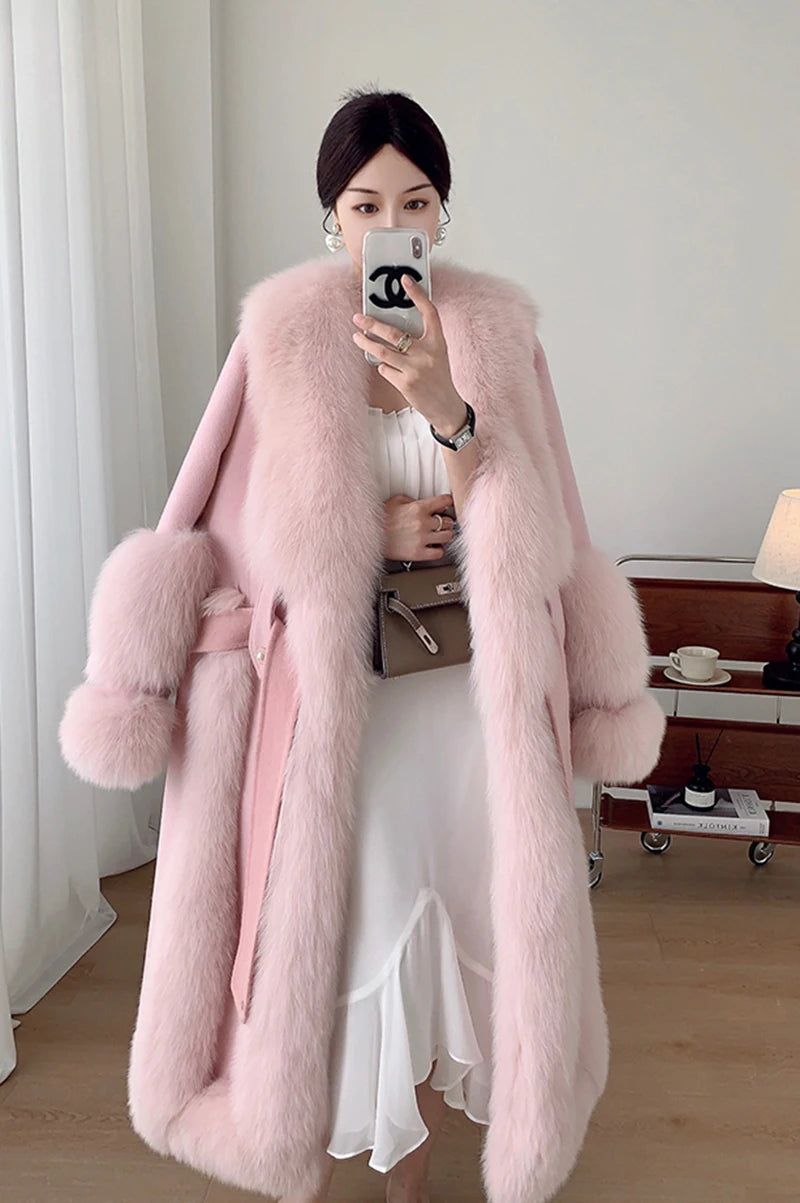 Women's Winter Warm Real Wool Goose Down Fur Long Overcoat