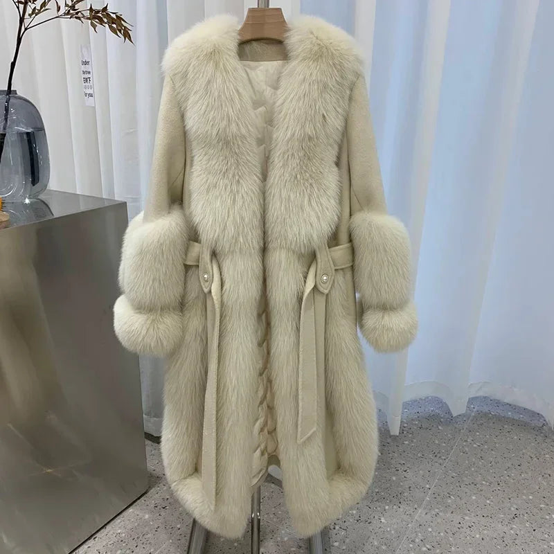 Women's Winter Warm Real Wool Goose Down Fur Long Overcoat