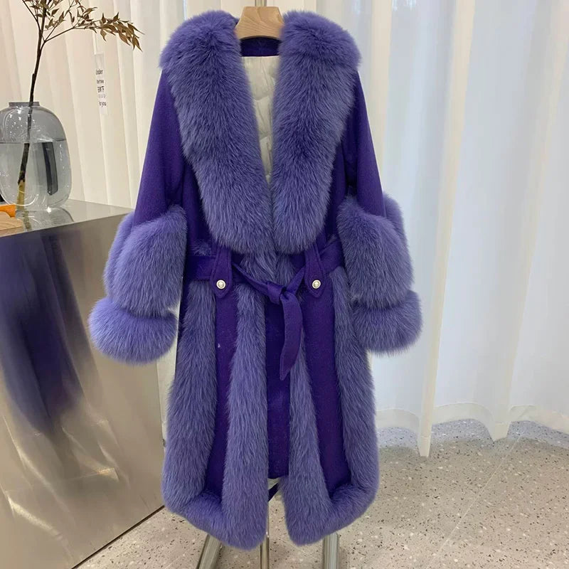 Women's Winter Warm Real Wool Goose Down Fur Long Overcoat