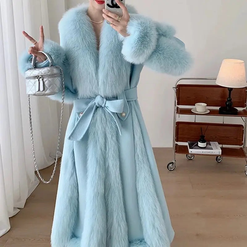 Women's Winter Warm Real Wool Goose Down Fur Long Overcoat