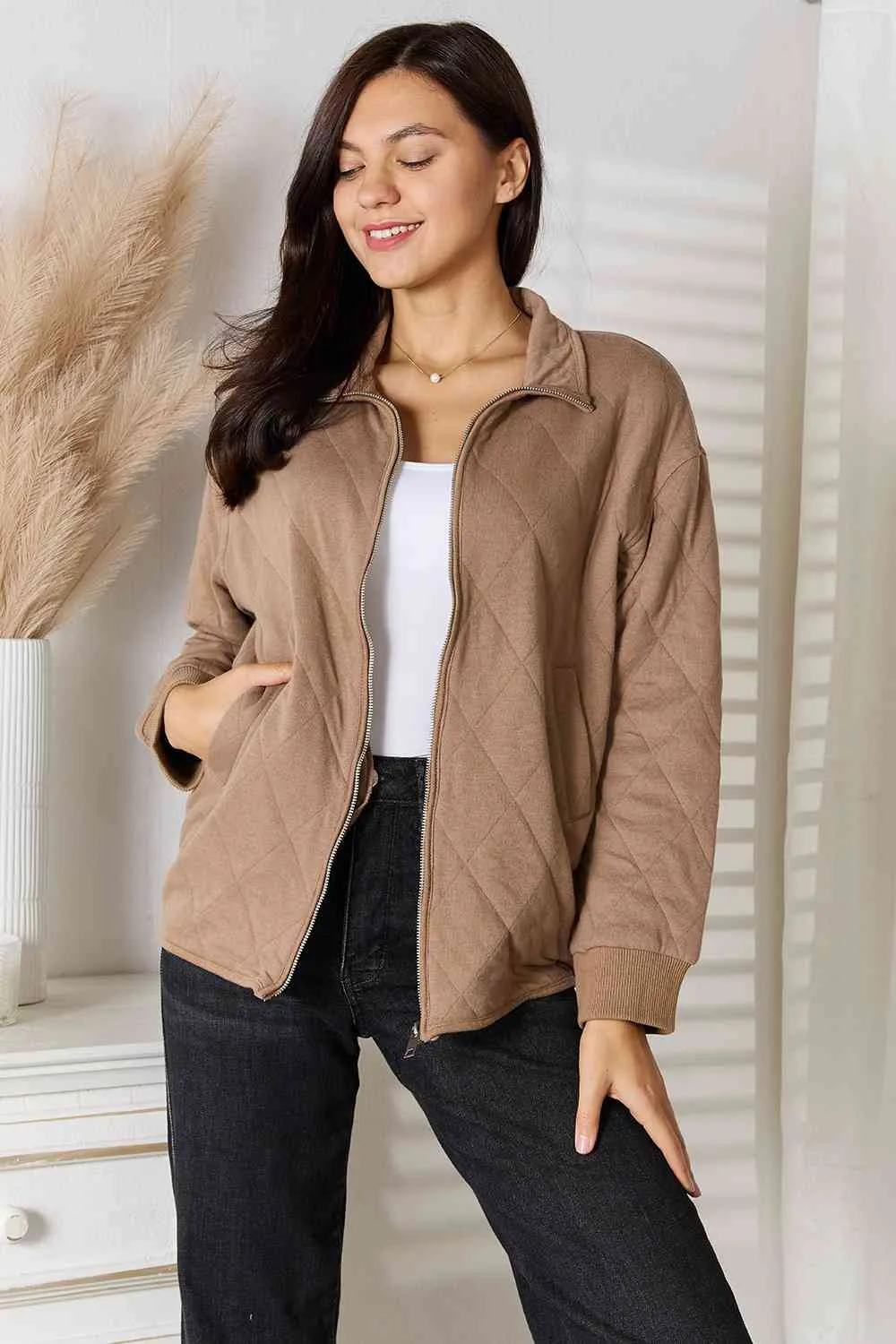 Zip-Up Jacket with Pockets in Mocha