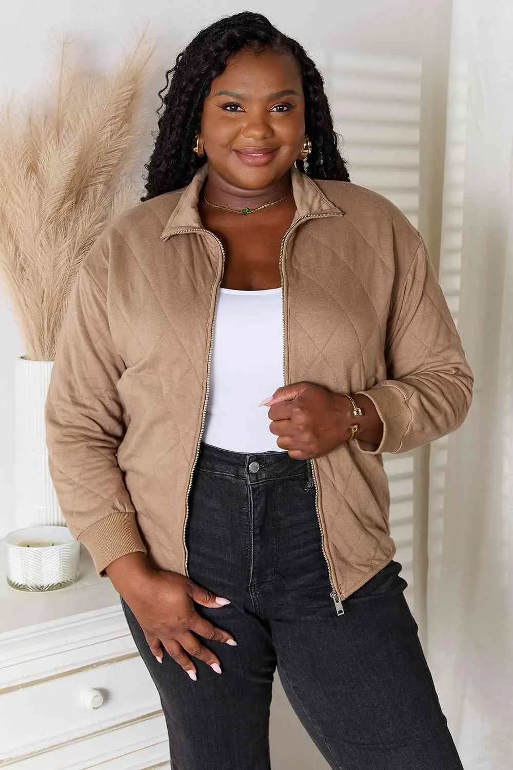 Zip-Up Jacket with Pockets in Mocha